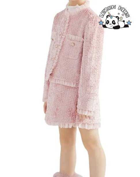 LEZONKIDS - Conjunto de Saia Curta Infantil Champagne Fashion com Malha Bordada e Conjunto de Duas Peças de Veludo Tweed para Meninas